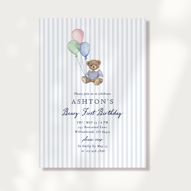 Teddy Bear Blue Stripes First Birthday Invitation  Meddelande (Skapare uppladdad)
