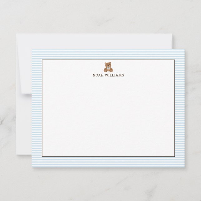 Teddy Bear Blue Stripes Personalized Stationery Anteckningskort (Framsida)