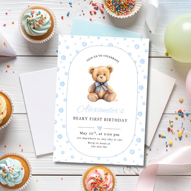Teddy Bear Boy Birthday Invite, Beary 1st Birthday Inbjudningar (Skapare uppladdad)