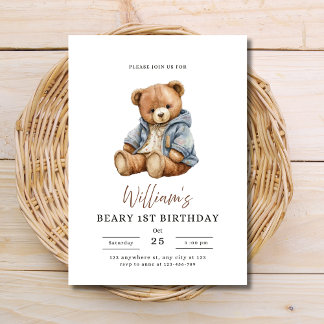 Teddy Bear Boy Birthday Party Beary 1st Birthday Inbjudan