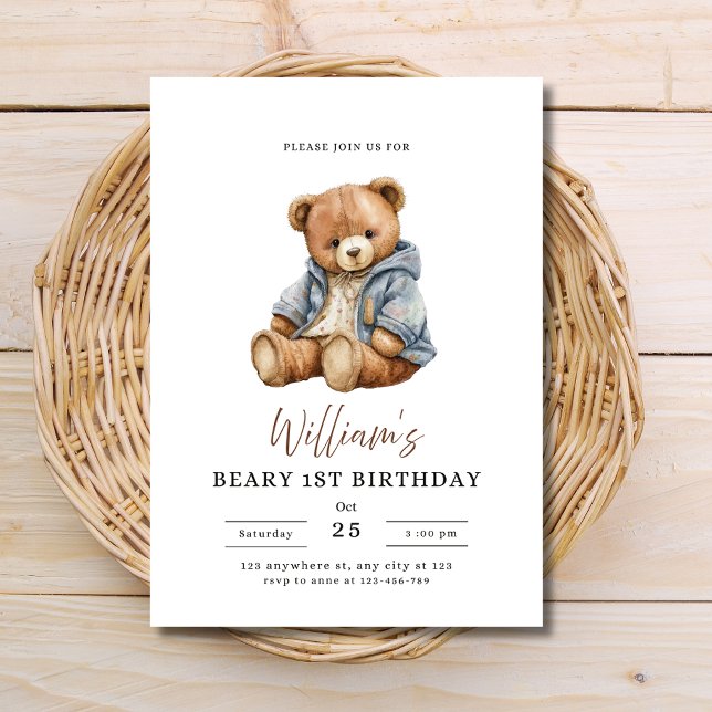 Teddy Bear Boy Birthday Party Beary 1st Birthday Inbjudan (Skapare uppladdad)