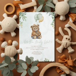 Teddy Bear Brown Sage Green Balloons Baby Inbjudningar