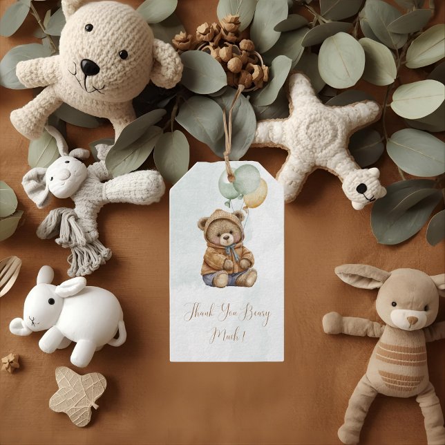 Teddy Bear Brown Sage Green Balloons Baby Presentetikett (Skapare uppladdad)