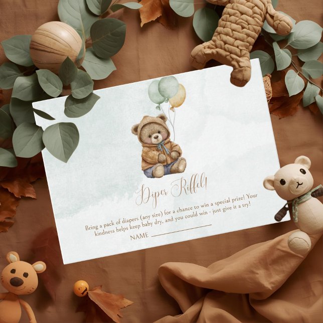 Teddy Bear Brown Sage Green Balloons Baby Tilläggskort (Skapare uppladdad)