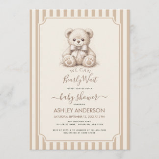 Teddy Bear & Brown Stripes Baby Shower Bearly Wait Inbjudningar