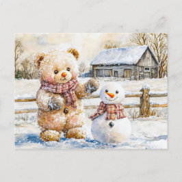 Teddy Bear Building a Snowman Vykort