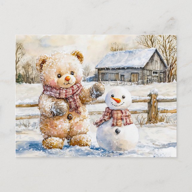 Teddy Bear Building a Snowman Vykort (Framsida)