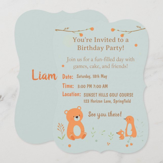 Teddy Bear Childish Birthday Invitation Card  Inbjudningar (Fram/baksida)