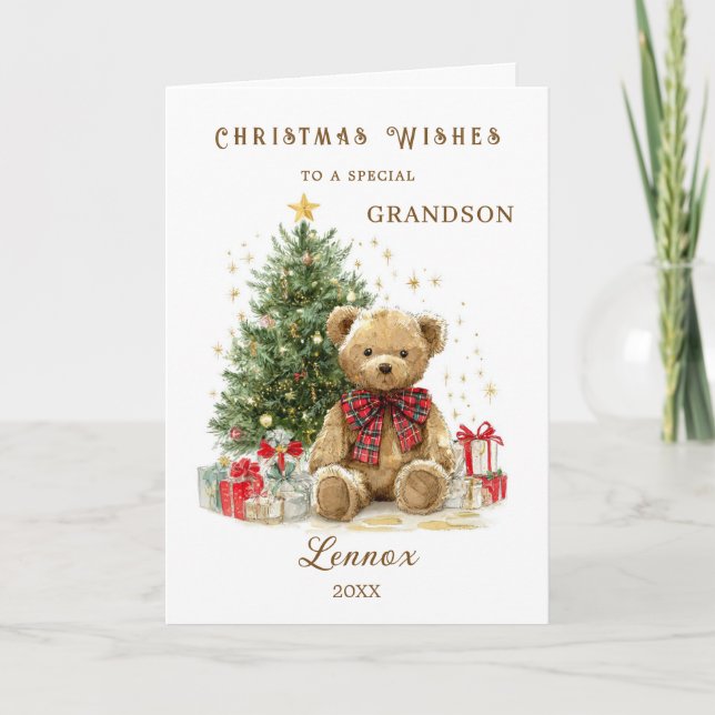 Teddy Bear Christmas Tree Grandson Helgkort (Framsida)