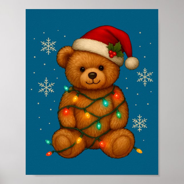 Teddy Bear Christmas Tree Lights Santa Hat For Bea Poster (Framsidan)