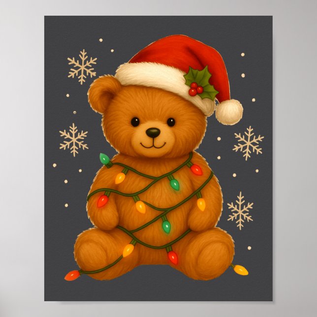 Teddy Bear Christmas Tree Lights Santa Hat For Bea Poster (Framsidan)