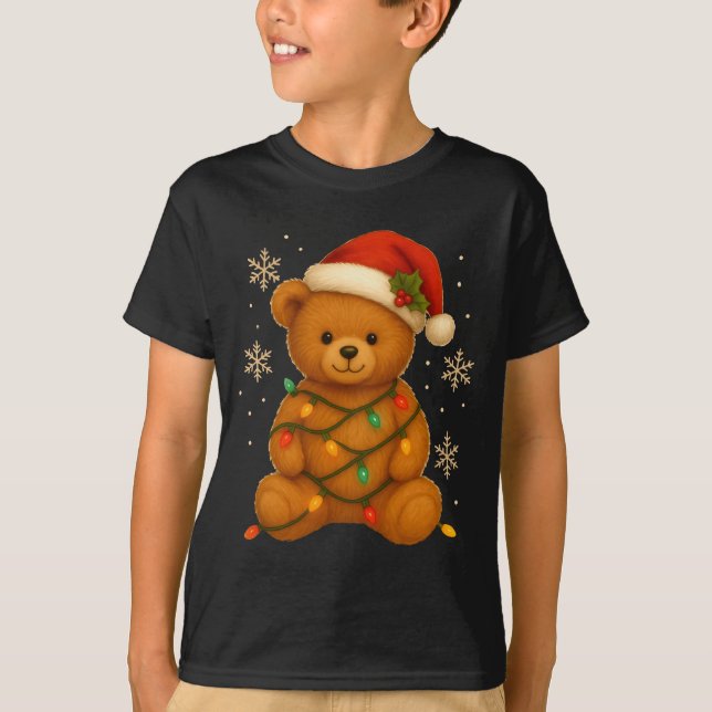 Teddy Bear Christmas Tree Lights Santa Hat For Bea T Shirt (Framsida)