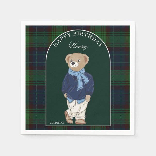 Teddy bear classic plaid birthday party custom pappersservett (Framsidan)