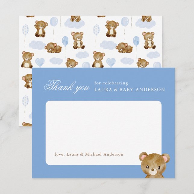 Teddy Bear Classic Script Blå Babyfirande Tack Kort (Fram/baksida)