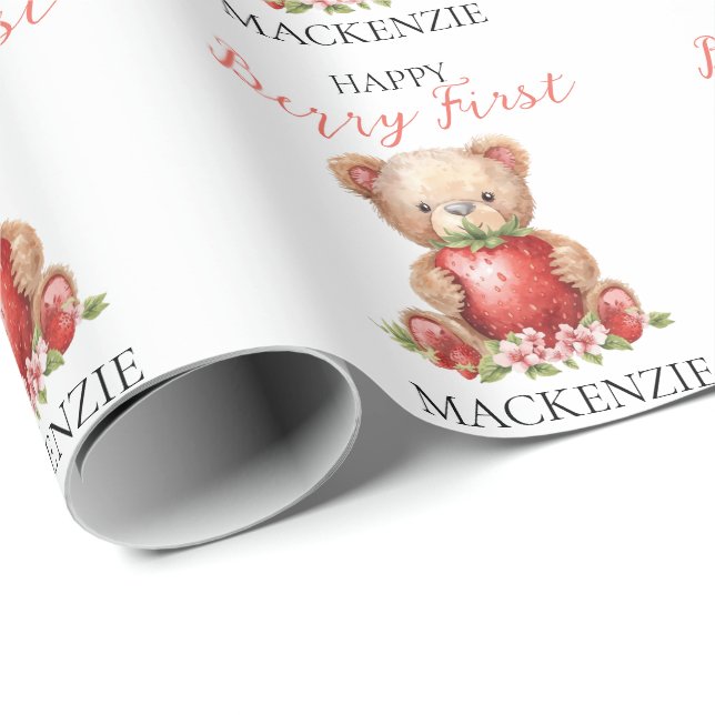 Teddy Bear Custom Name Berry First Birthday Presentpapper (Rullad Hörn)