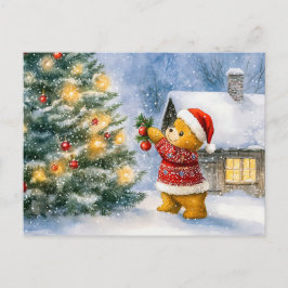 Teddy Bear Decorating a Christmas Tree in snowing  Vykort