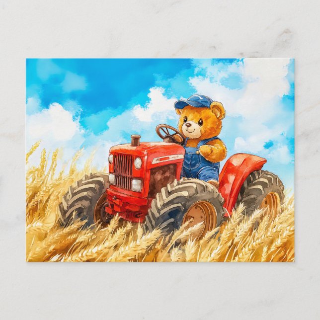  Teddy Bear Driving a Tractor in Wheat Field Vykort (Framsida)