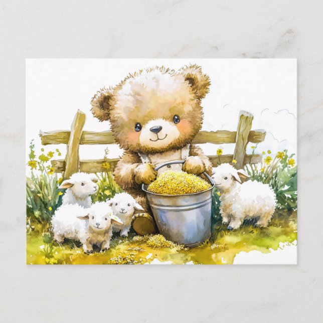 Teddy Bear Feeding Sheep on Farm Vykort (Framsida)
