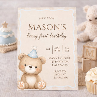 Teddy Bear First Birthday Invitation, Beary First  Inbjudningar