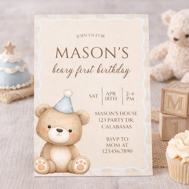 Teddy Bear First Birthday Invitation, Beary First  Inbjudningar (Skapare uppladdad)
