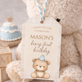 Teddy Bear First Birthday Invitation, Beary First  Presentetikett