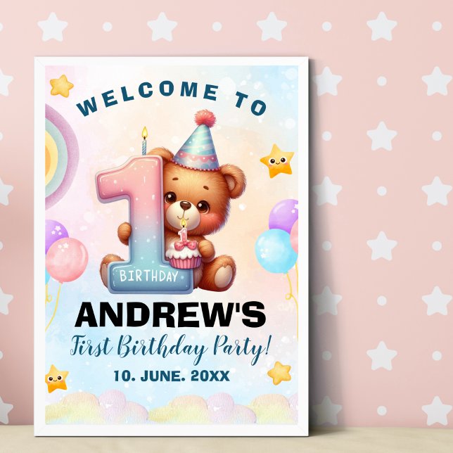 Teddy Bear First Birthday Poster | Nursery & Party (Skapare uppladdad)