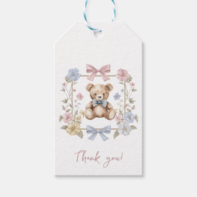 Teddy Bear Floral Wreath Baby Shower Thank You Presentetikett (Framsidan)
