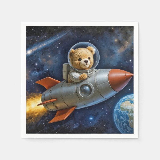 Teddy Bear Flying In a Rocket Ship Pappersservett (Framsidan)