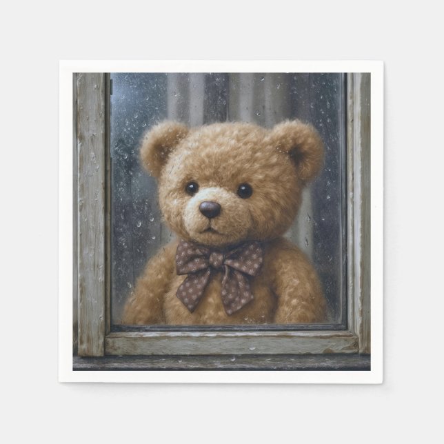 Teddy Bear Gazing Out of a Rainy Window Pappersservett (Framsidan)