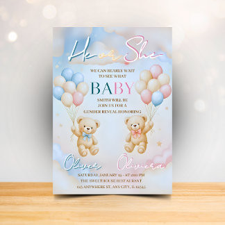 Teddy Bear Gender Reveal Invitation He or She Inbjudningar