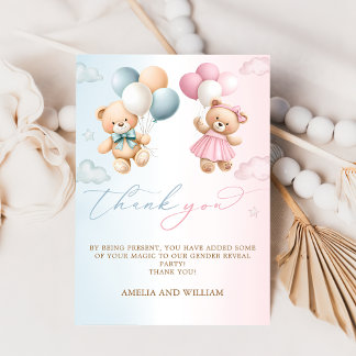 Teddy Bear Gender Reveal Thank You Card Kort