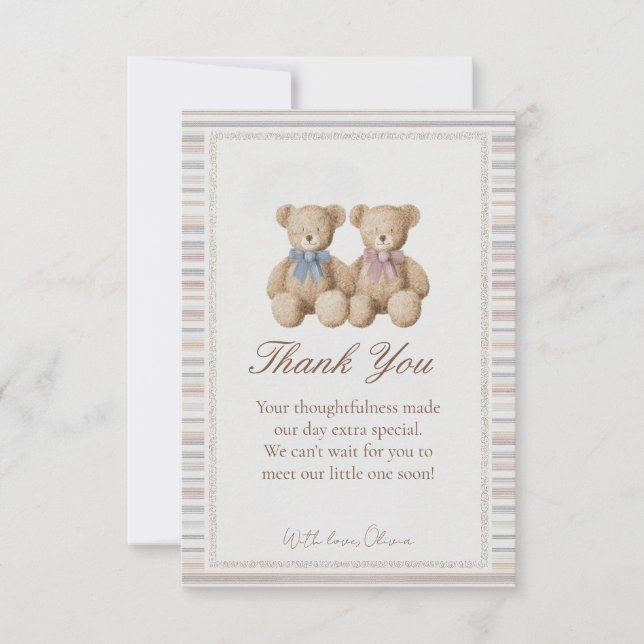 Teddy Bear Gender Reveal Thank You Card Tack Kort (Framsida)