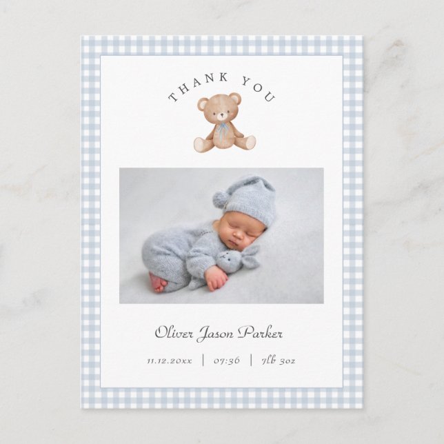 Teddy Bear Gingham Baby Boy Birth Announcement Vykort (Framsida)