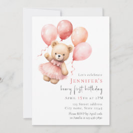 Teddy Bear Girl 1st Birthday Invitation Inbjudningar