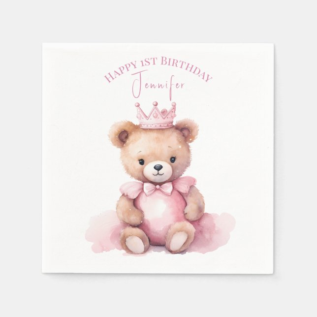 Teddy Bear Girl 1st Birthday Napkins Beary First Pappersservett (Framsidan)