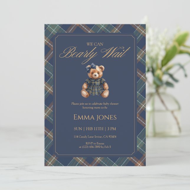 Teddy Bear Girl Tartan Plaid Classic Baby Shower Inbjudningar (Stående Fram)