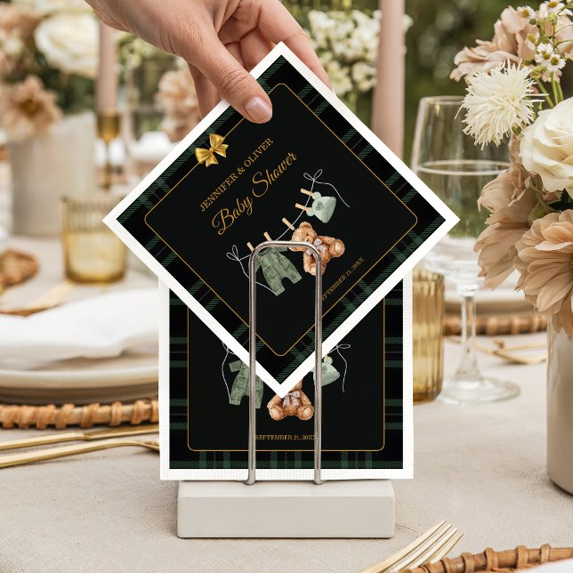 Teddy Bear Green Plaid Baby Shower  Pappersservett (Skapare uppladdad)