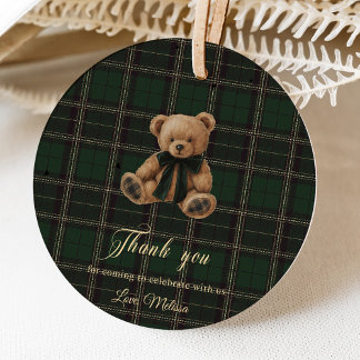 Teddy Bear Green Tartan Baby Shower Gåvor Etiketter
