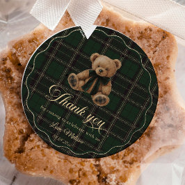 Teddy Bear Green Tartan Baby Shower Runt Klistermärke