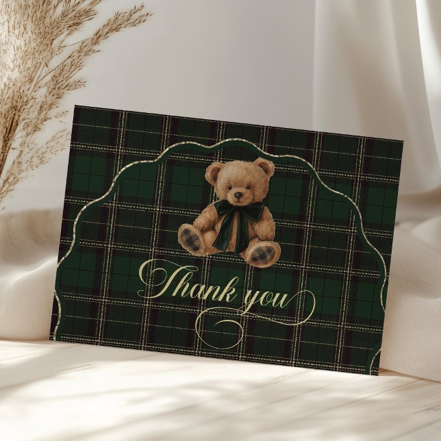 Teddy Bear Green Tartan Baby Shower  Tack Kort (teddy bear baby shower, green tartan baby shower, baby shower thank you card, baby shower printable,)