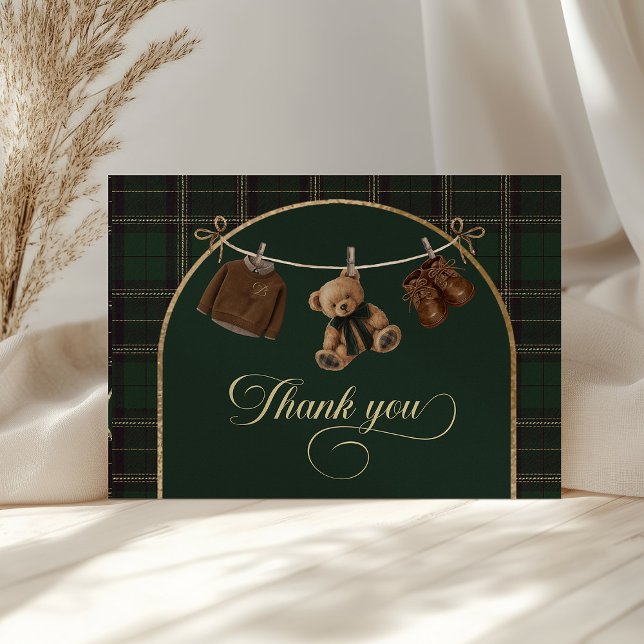 Teddy Bear Green Tartan Baby Shower  Tack Kort (teddy bear baby shower, green tartan baby shower, baby shower thank you card, baby shower printable,)