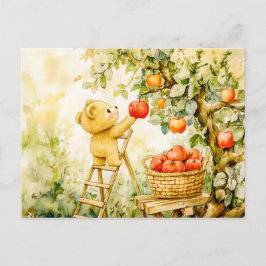 Teddy Bear Harvesting Apples with Ladder Vykort