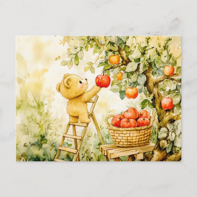 Teddy Bear Harvesting Apples with Ladder Vykort (Framsida)