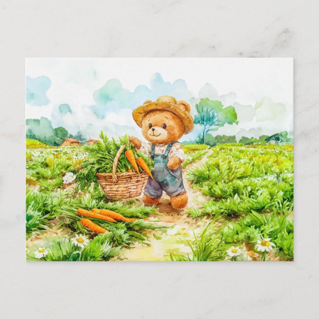 Teddy Bear Harvesting Carrots in a Field Vykort (Framsida)