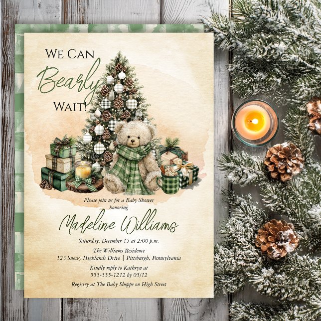 Teddy Bear Holiday We Can Bearly Wait Baby Shower Inbjudningar (Teddy Bear "Bearly Wait" Green Neutral Christmas Holiday Baby Shower Invitation -- Print | Digital)