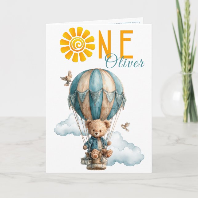 Teddy Bear Hot Air Balloon 1st Birthday Card Kort (Framsida)