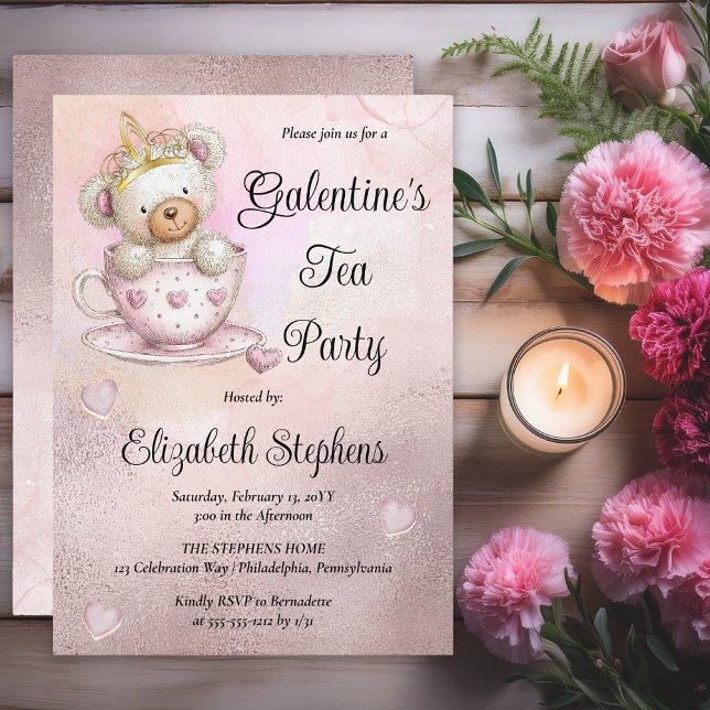 Teddy Bear in a Teacup Galantine's Tea Party Inbjudningar (Galentine’s Tea Party Invitation | Cute Teddy Bear Teacup Valentine Party Invite - Print | Digital)