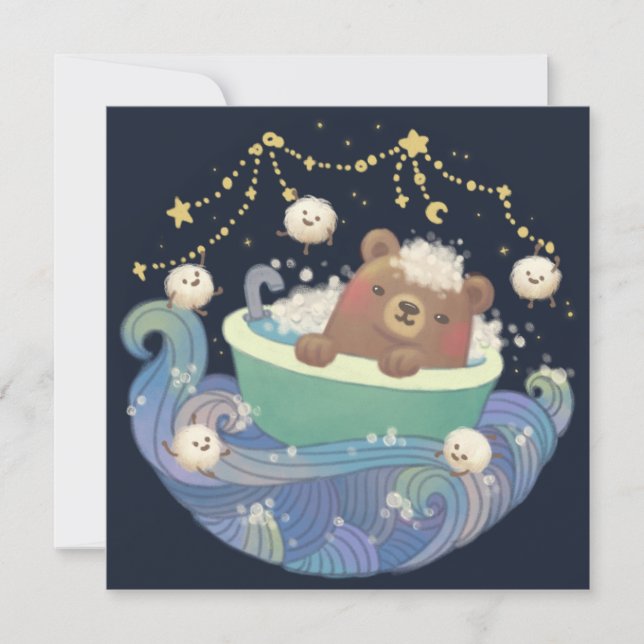 Teddy Bear in Bathtub Boat with Fluffy Monsters Julkort (Framsida)
