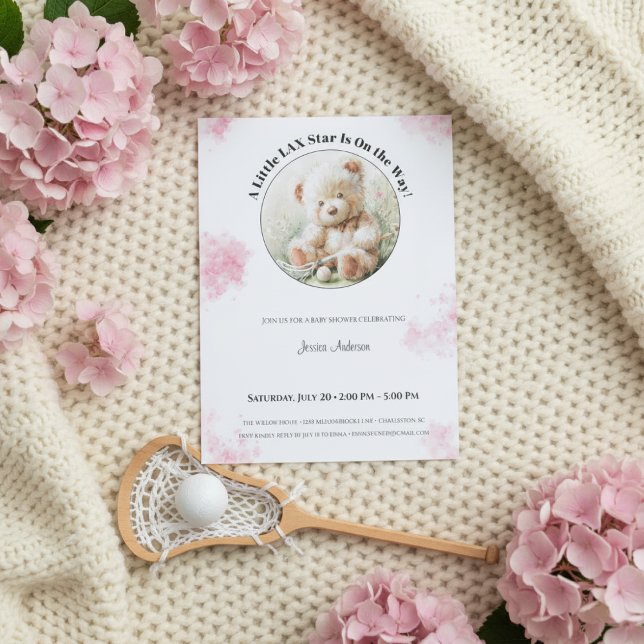 Teddy Bear Lacrosse Baby Shower Girl Invitation  Julkort (Baby shower invitation with lacrosse bear on knitted beige blanket, surrounded by pink hydrangeas an)