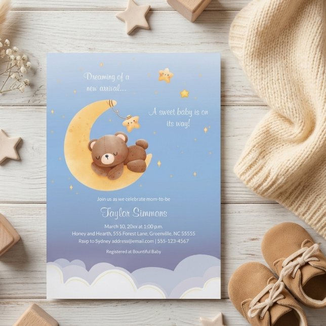 Teddy Bear Moon Dreamy Soft Blue Baby Shower Inbjudningar (Skapare uppladdad)